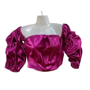 Fashion Nova Fuchsia Sexy Satin "Give Me A Chance" Ruched Sleeve Crop Top XL Hot